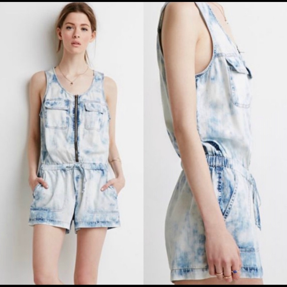 Life In Progress Denim Bleached Zip Up Tie Romper